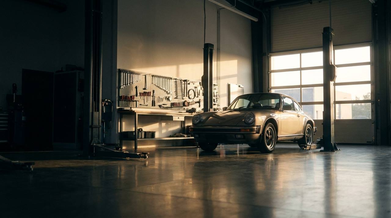 A car raised on a lift inside a modern auto repair garage at golden hour