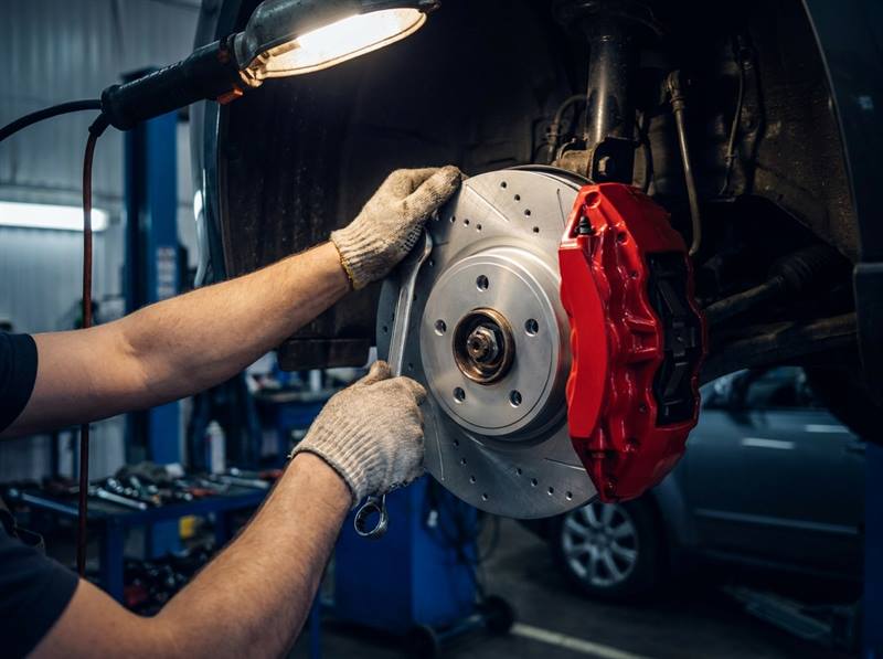 A drilled brake rotor and red caliper being serviced on a wheel hub