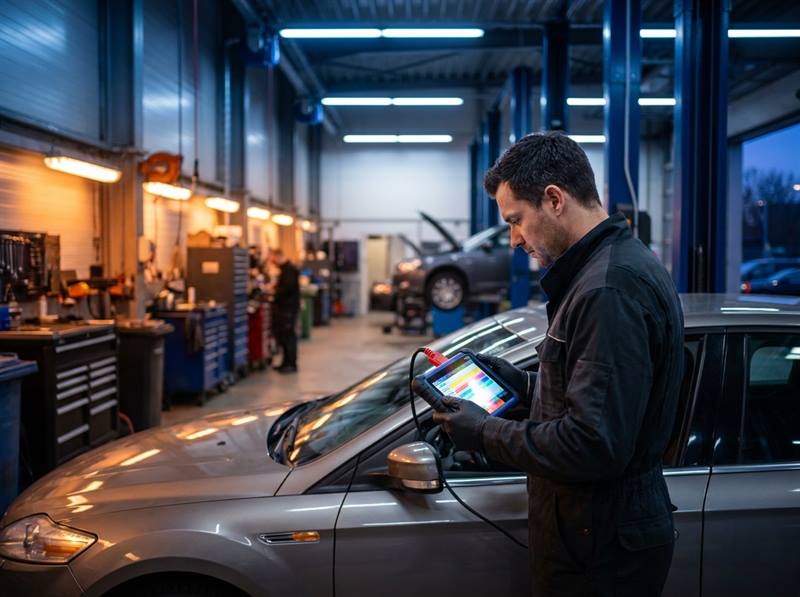 A mechanic running diagnostics on a car with a handheld scan tool