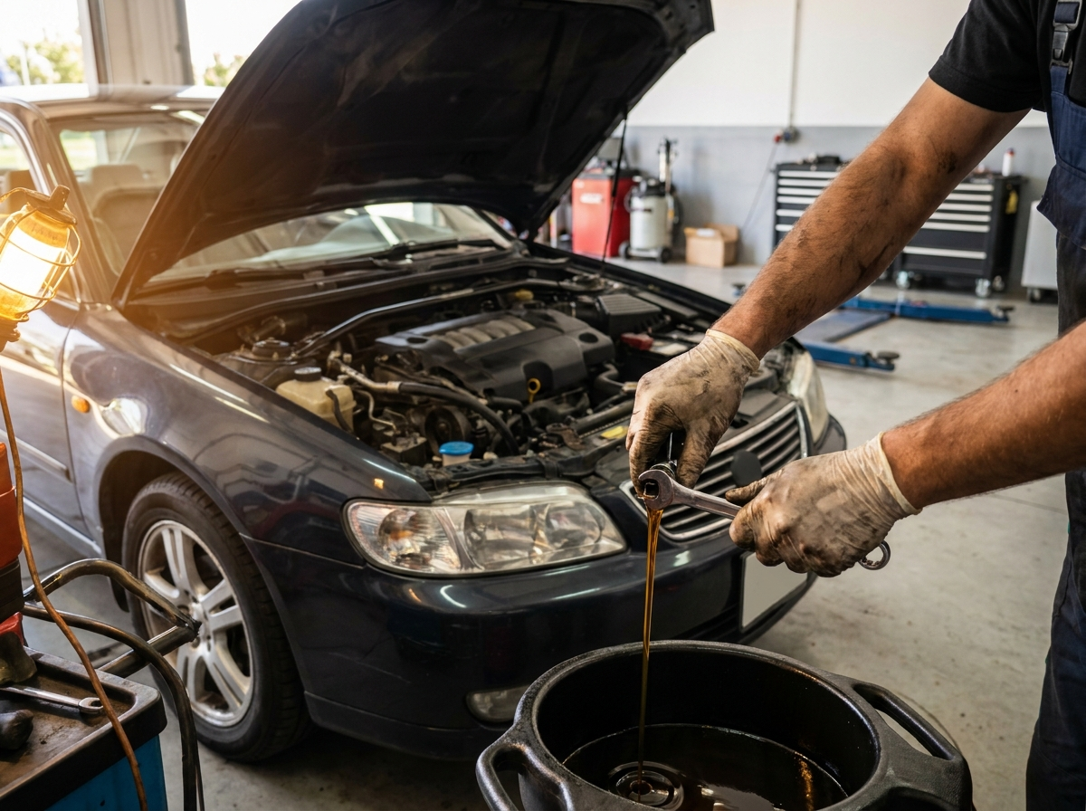 A mechanic draining and changing a car's engine oil in the shop