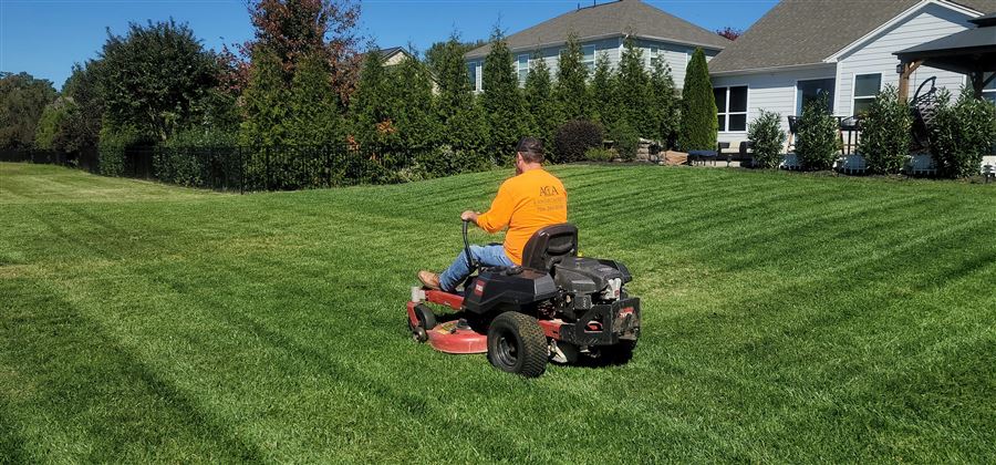 Mowing and edging a healthy backyard lawn